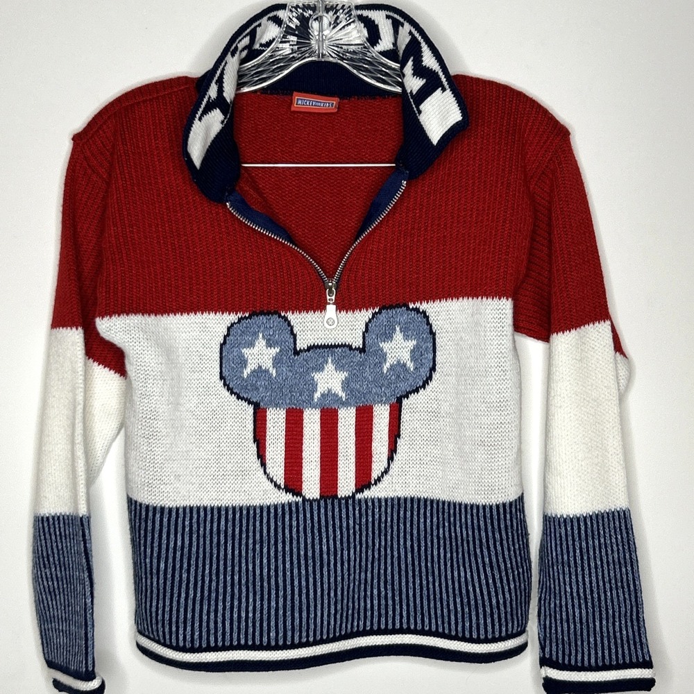 Vintage 90s Disney Mickey For Kids 1/4 Zip Sweater Large 10-12 America Patriotic